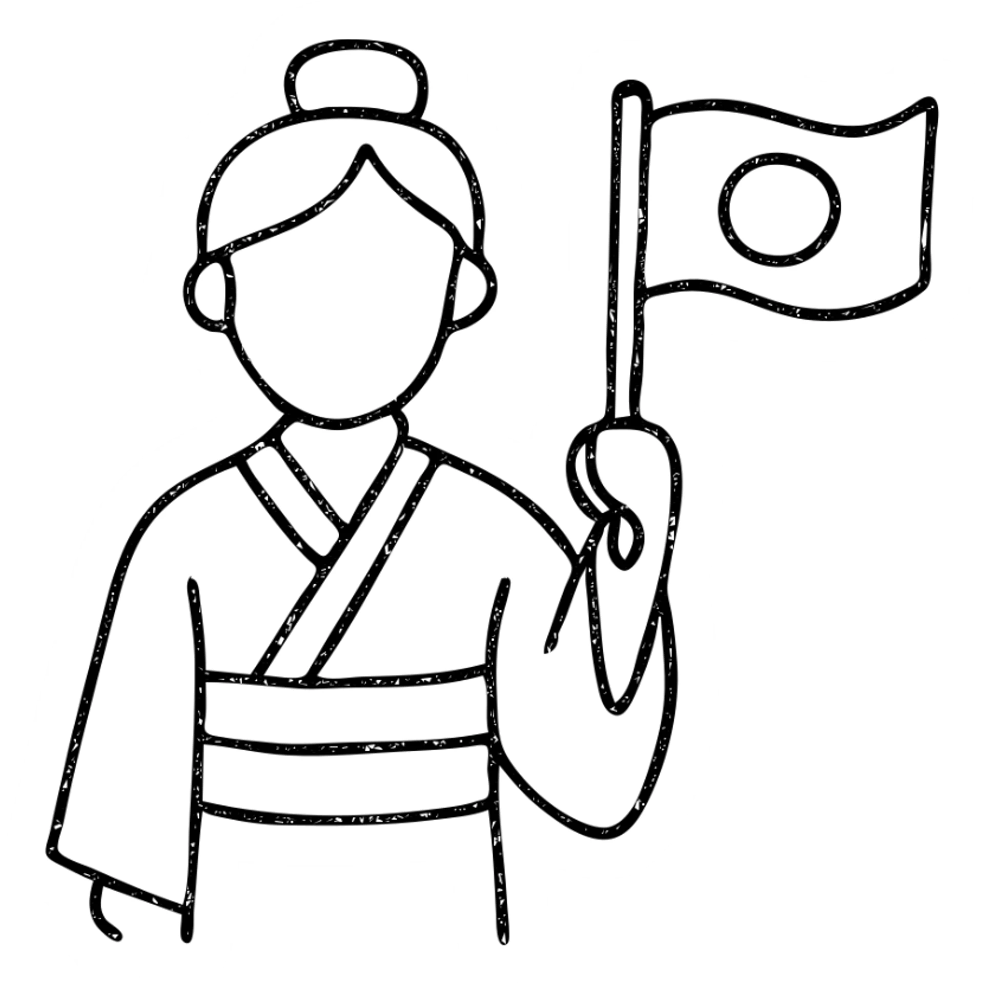 person in a traditional kimono holding the Japanese flag, hand drawn outlined icon sticker