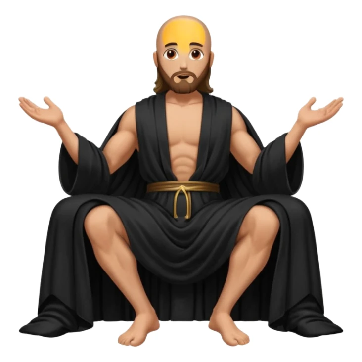fullbody bald jesus christ jacked, sleeveless black robe sitting hand down sticker