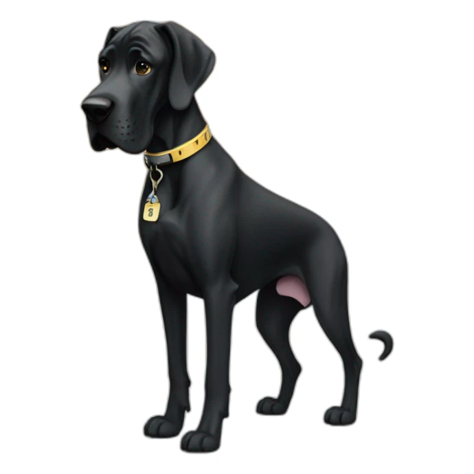 An all black great dane wearing a collar with number 17 sticker