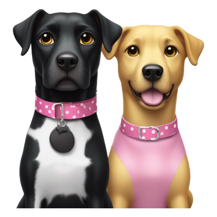 Black dog with white spotty legs and pink collar sitting next to bigger black dog with white legs and yellow collar sticker
