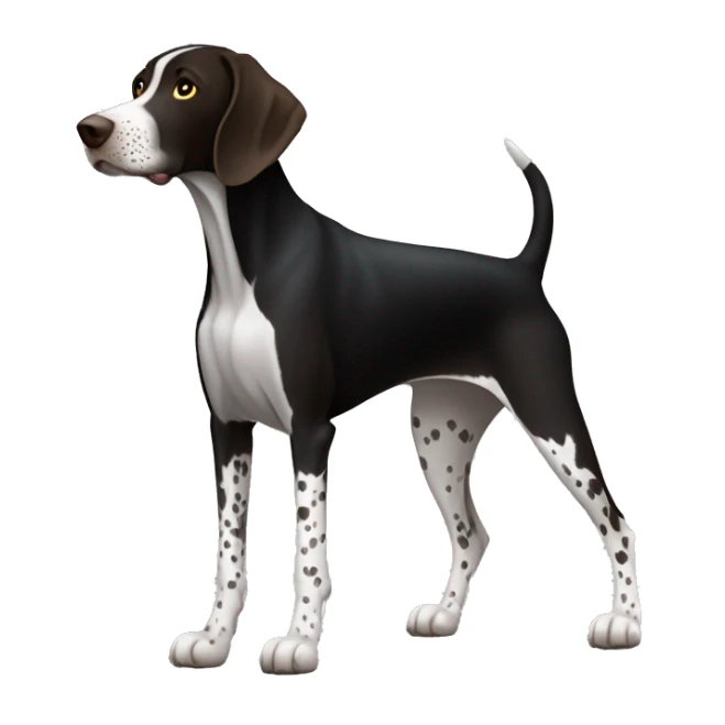 A german shorthair pointer dog (full body) with a very black coat and white markings (white belly, feet, and tail tip) and with very little white hair on the snout. No black spots on white markings. sticker