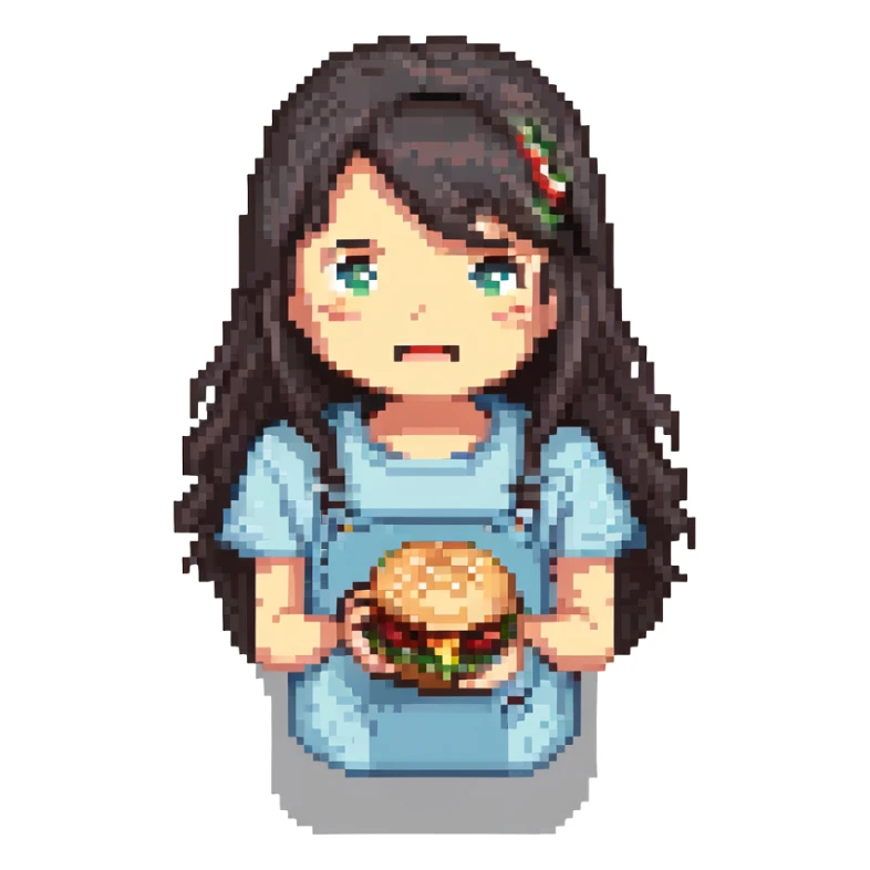 a girl with dark hair eating a burger, pixel art style sticker