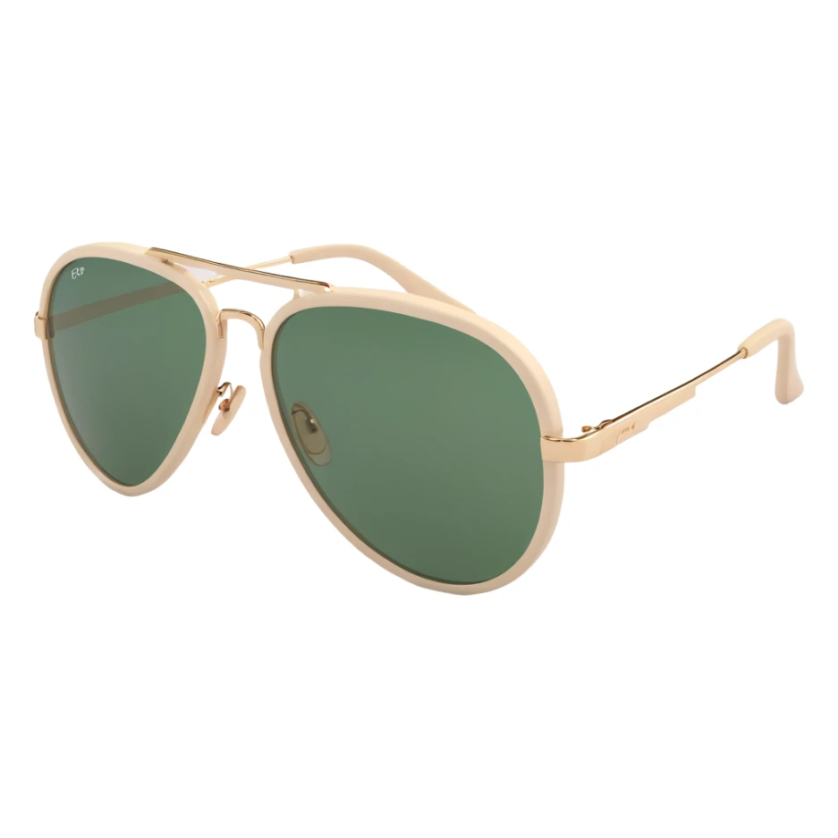 aviator sunglasses with light beige frame and dark green lenses, no text sticker