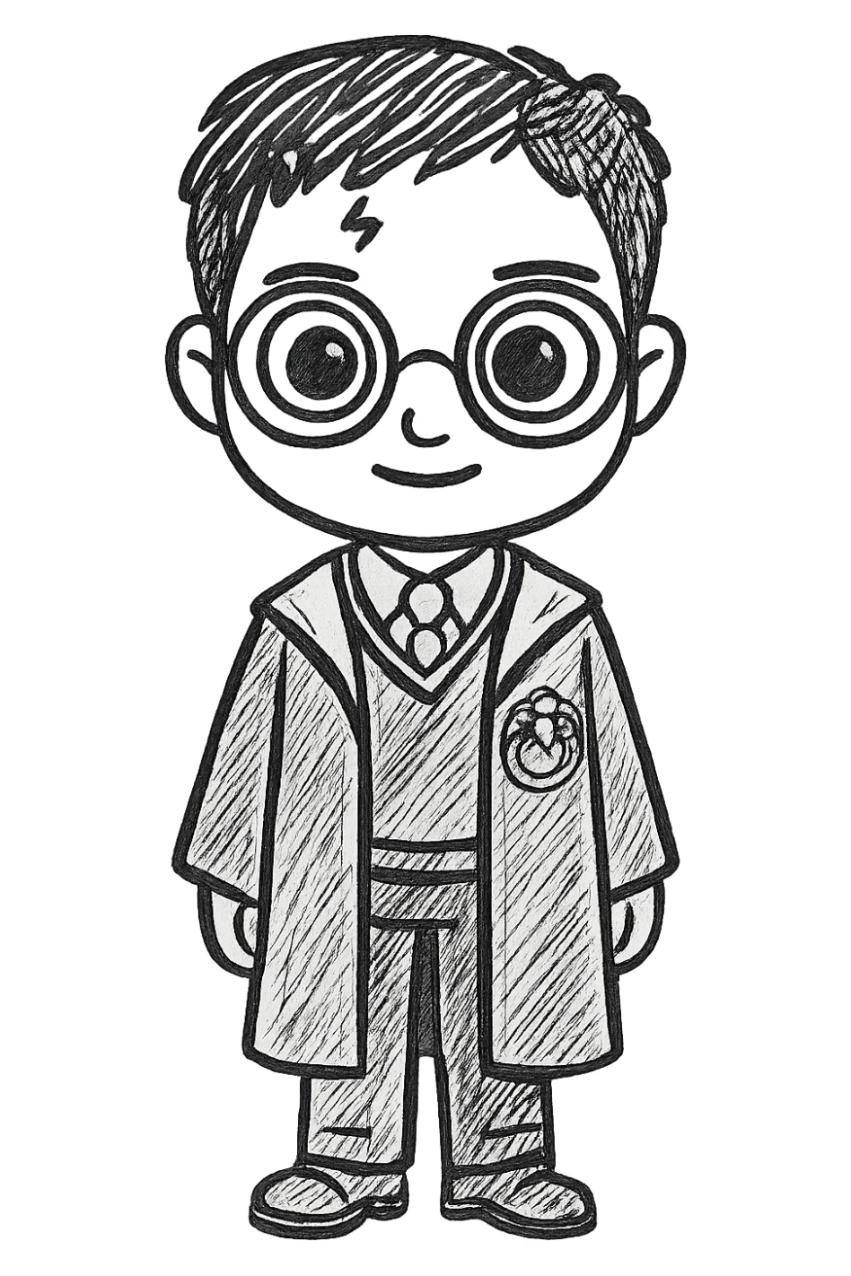 Create a full body standing Harry Potter wearing the traditional Gryffindor uniform, with round glasses, a scar on the forehead, and large eyes. The character should exactly match the height, proportion, pose, head size, torso, legs, arms, and style of the glasses-wearing character in the provided reference image. The result must be identical in proportion and style to the glasses character in the reference. sticker