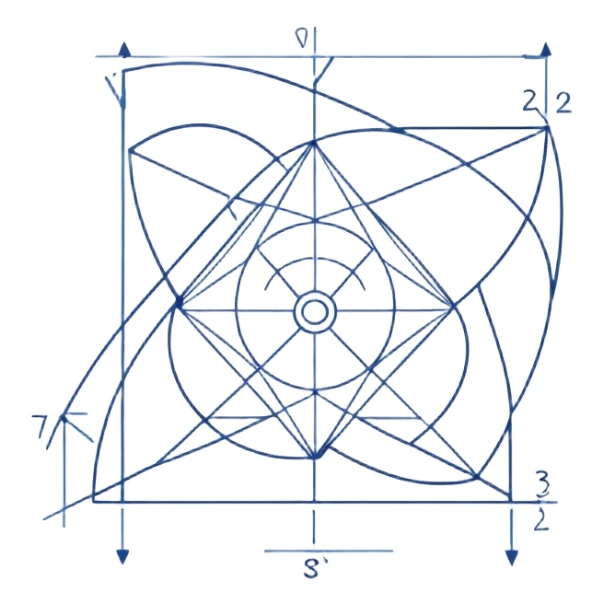 A sheet of technical drawing with fine lines, dimensions and geometric shapes, without signatures, slightly tilted in space, a sense of precision and calculation. sticker