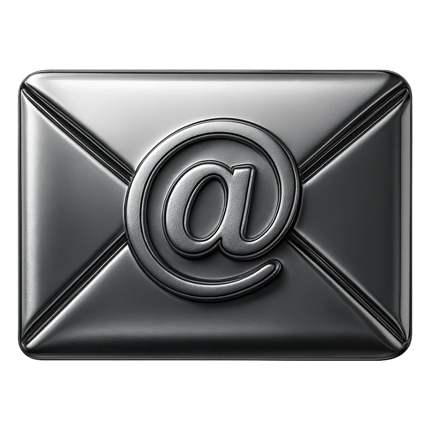chrome envelope with a prominent email @ sign in the center, shiny metallic, chrome style sticker
