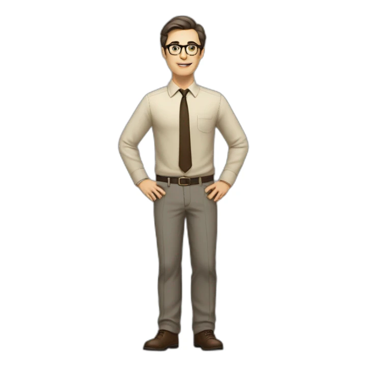 Full height Actively gesturing with hands Pale skinned fit man with dark brown hair in gray jacket, beige office shirt, brown tie, brown pants and vintage glasses. sticker