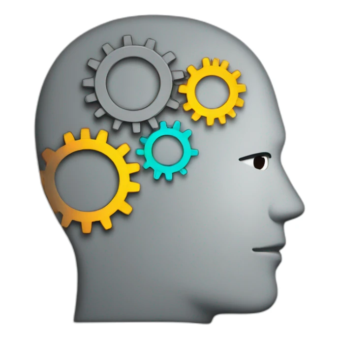 a grey outlined thinking serious man's head with 3 coloured gears in the head sticker