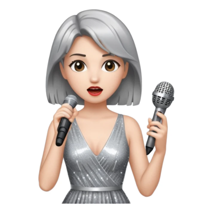 A female singer in sparkling dress holding a mic with emotional expression sticker