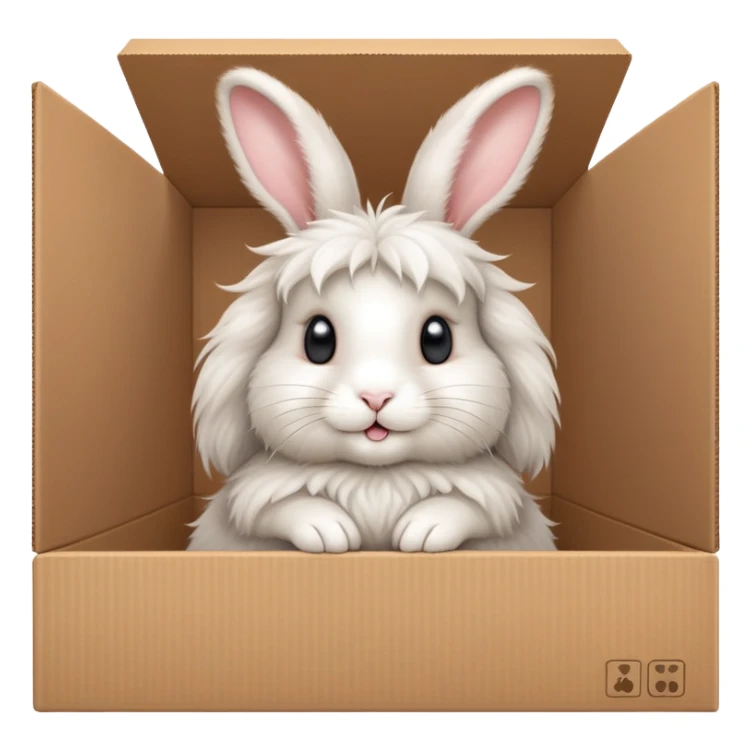  A very cute young Angora long rabbit  with one's head tilted to one side poked its paws out of the cardboard big box and placed them on top of it sticker