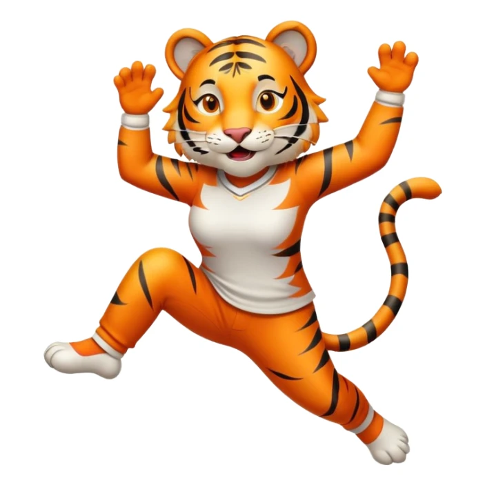 friendly anthropomorphised female tiger in a shirt and pants leaping, energetic pose sticker
