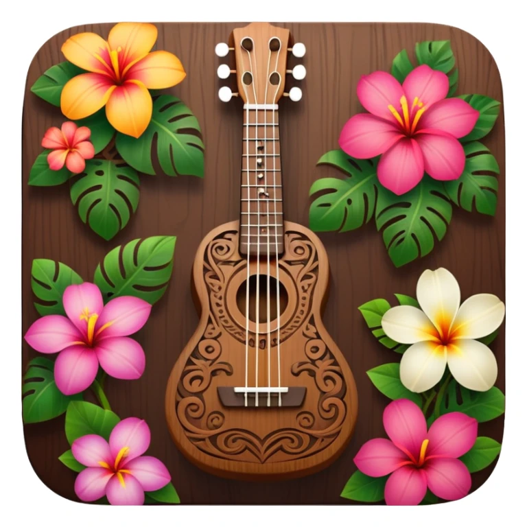 Ukulele with Polynesian carvings with flowers behind it sticker
