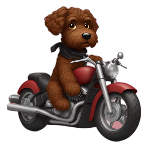 A chocolate brown doodle with wavy fur wearing a red and black handkerchief riding a motorcycle sticker