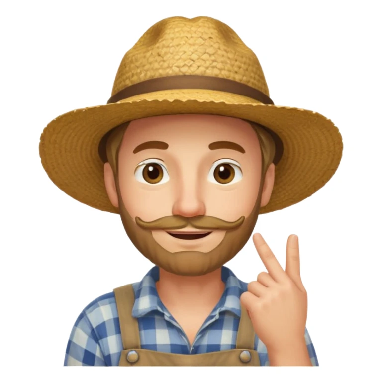 “A single emoji-style character combining 👨‍🌾😄 and 🤔: a smiling farmer man with a straw hat, friendly face, and light beard, holding one hand under his chin in a thinking gesture. His index finger rests under his face, eyes looking slightly upward as if thinking.  sticker