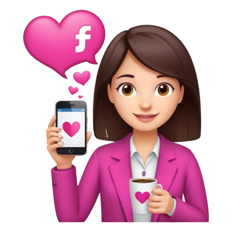 Social media manager. She has dark brown hair, brown eyes, a friendly smile. She is holding a smartphone and a coffee cup. Include subtle marketing elements like small icons of hashtags or a speech bubble with a heart. Use vibrant colors with a focus on pink and fuchsia tones. sticker