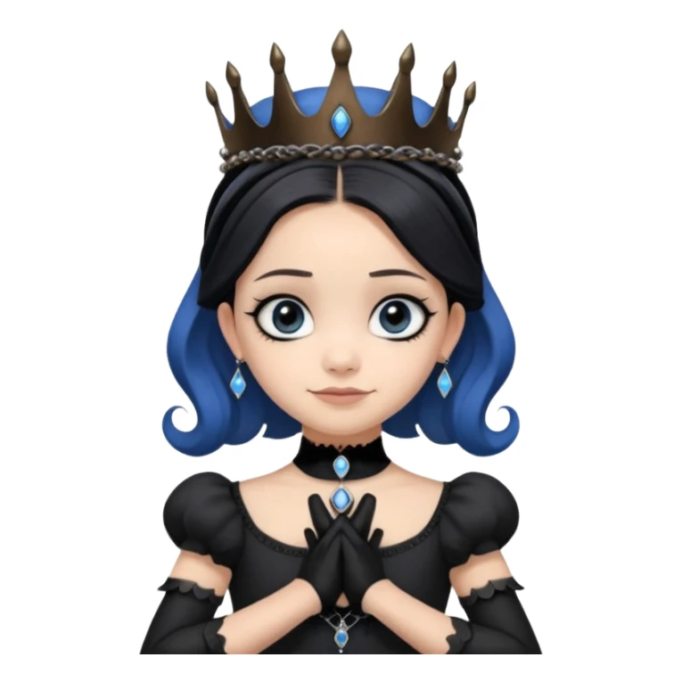 Tight fitting relaxed dressed, Holey and worn black evening gown with see-through wispy black gloves, holding arms-crossed in front smiling cute pose witchy mysterious Jenna Ortega as queen Wednesday Addams wearing a steampunk style mini tiara, very large blue evil-looking horned old evil eyes  sticker
