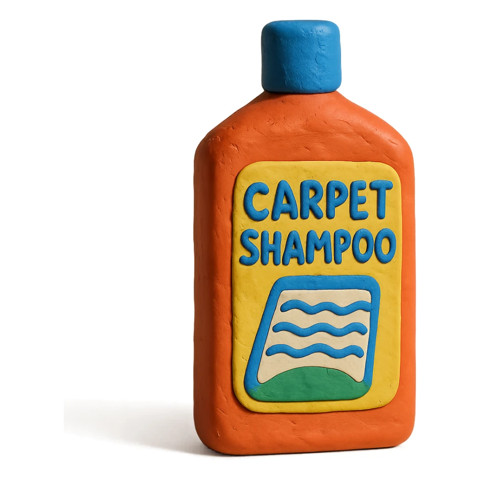 carpet shampoo bottle with blue cap and colorful label, soft lighting, claymation style sticker