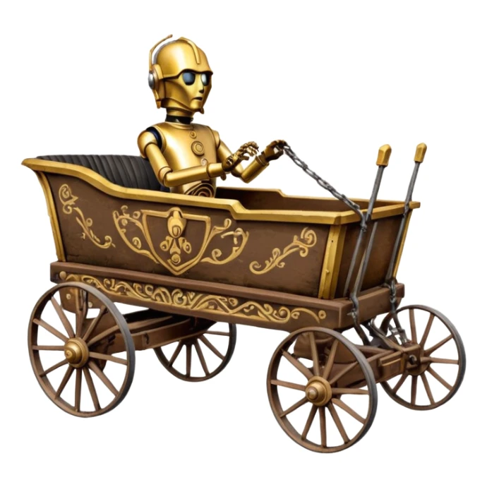 Old American West tarnished underglow C-3PO bounty hunter 1854 delicately ornate rosegold accents painted dune buggy buckboard wagon powered by electric motors and batteries with safety and belts flying rapidly roughening terrain stable on strong agile advanced cantilever suspension and steering sticker