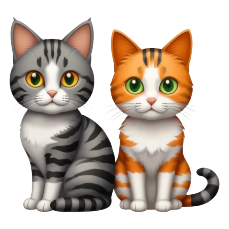 A grey tabby cat with dark grey stripes and green eyes sitting next to a calico cat with orange eyes sticker