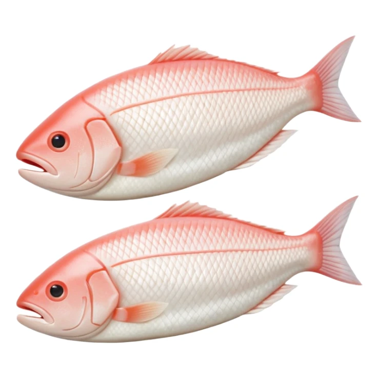 realistic white fish fillet boneless skinless pre-cut trimmed natural shape soft curves pale ivory to pinkish-white moist glossy fine muscle grain neat no bones skin head tail no plate seasoning no faces clean 3D soft lighting transparent background emoji scale sticker