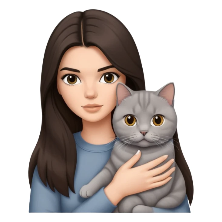 brunette Kendall Jenner with long hair holding on the hands a british british white shorthair cat sticker