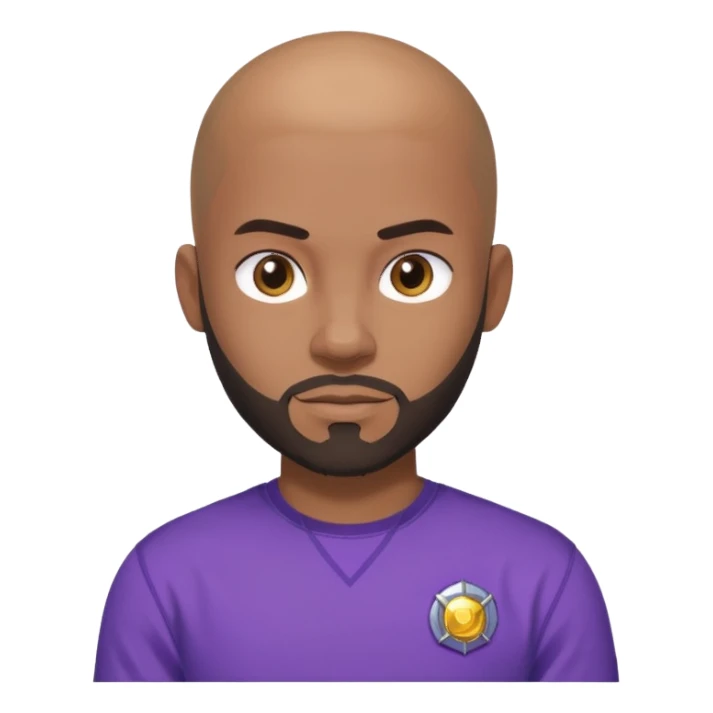um jovem negro, careca, com barba, com um olhar confiante e olhando para frente, usando uma camisa roxa mostrando o seu beyblade. sticker