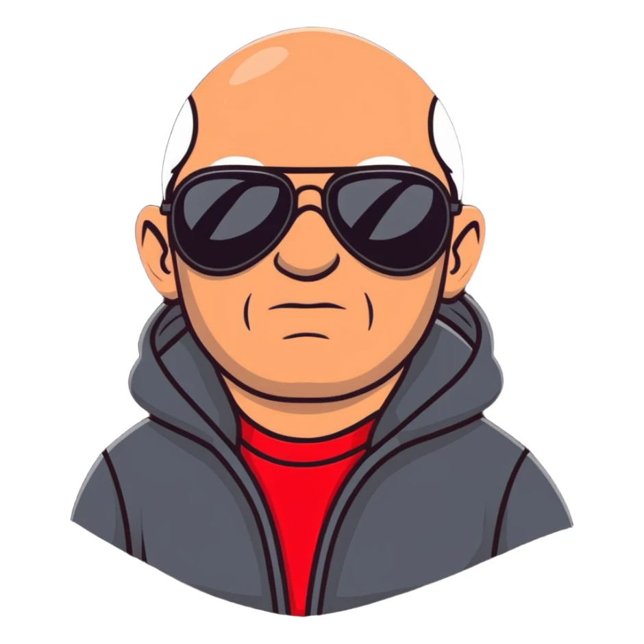 middle-aged 50-year-old man with slight wrinkles, aviator sunglasses, wearing a red hoodie sticker