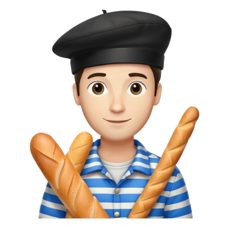 French man with blue and white striped shirt, black beret, holding a baguette sticker