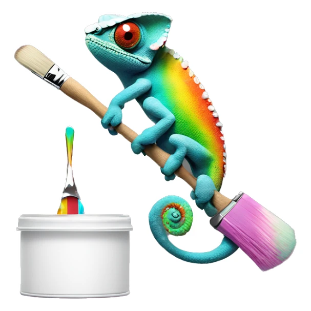 Rainbow Chameleon sits on a brush with paint sticker
