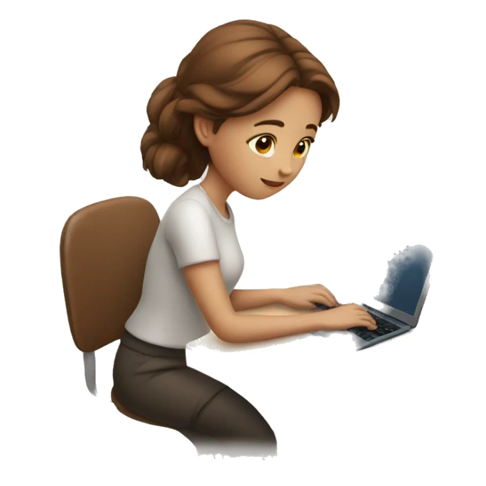 white skinned girl with brown hair working in laptop and writing sticker