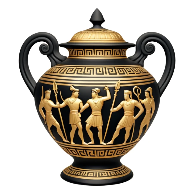 Cinematic-realistic Grecian urn, an exquisite black-figure pottery masterpiece resting in the dim glow of an ancient temple. Intricate golden depictions of two warrior fighting with spears and warriors encircle its curved form, telling timeless myths of heroism and tragedy.  sticker
