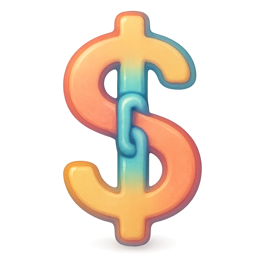 a creative icon combining a dollar sign and a link, with the link forming the vertical bar of the dollar sign, in a soft, semi-realistic, colorful Airbnb icon style, for a money transfer button sticker