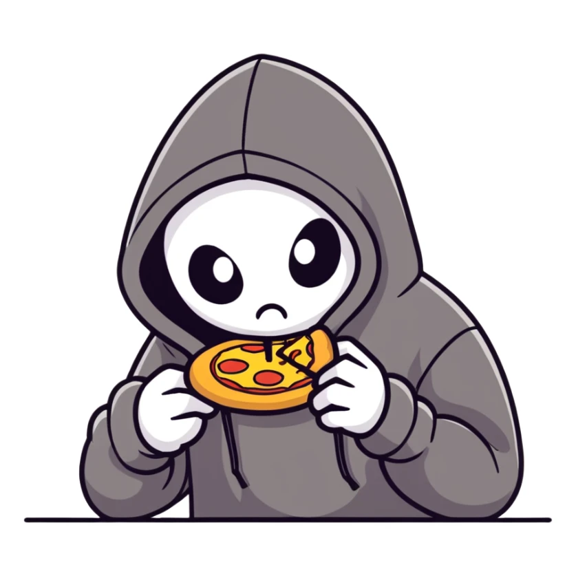 Turantula wearing a black hoodie eating pizza sticker