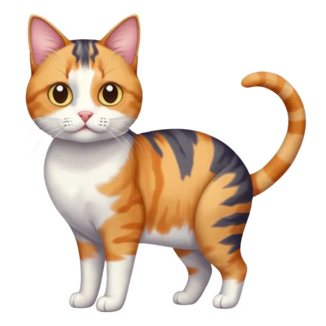 full body anxious looking colourful calico tabby cat with tiny head to large body with fully white front legs sticker