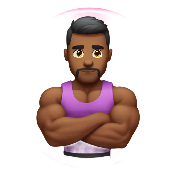 pink colored circle emoji guy with serious face and buff arms flexing biceps sticker