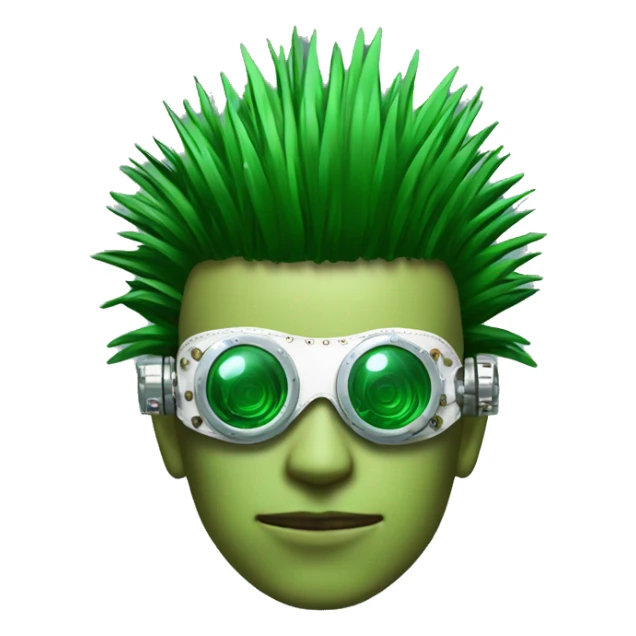 Green Mohawk hair male cyborg head with white steampunk goggles and circuits sticker