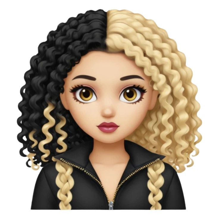 split dye half blonde half black curly hair, pretty bratz baddie sticker
