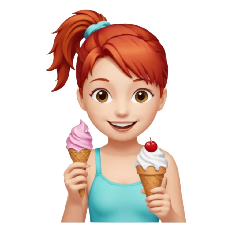 girl kid red haired swimsuit, eating ice cream, ponytail sticker