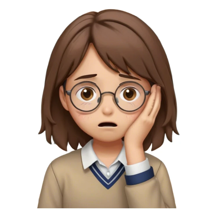 Create an emoji depicting a student who is crying. The student has round glasses, messy brown hair, and is wearing a casual school uniform. Tears are streaming down their face, and they have a sad expression, with their hands covering their face in frustration. The background is a simple classroom setting with a chalkboard behind them, conveying the emotional weight of a stressful school situation. sticker