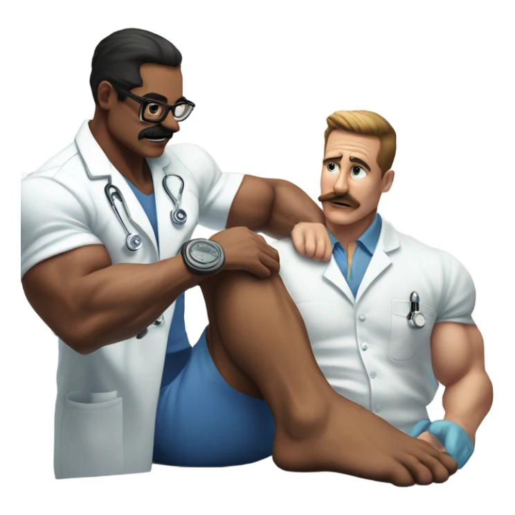 Body builder tattoo mustache doctor inspecting leg sticker
