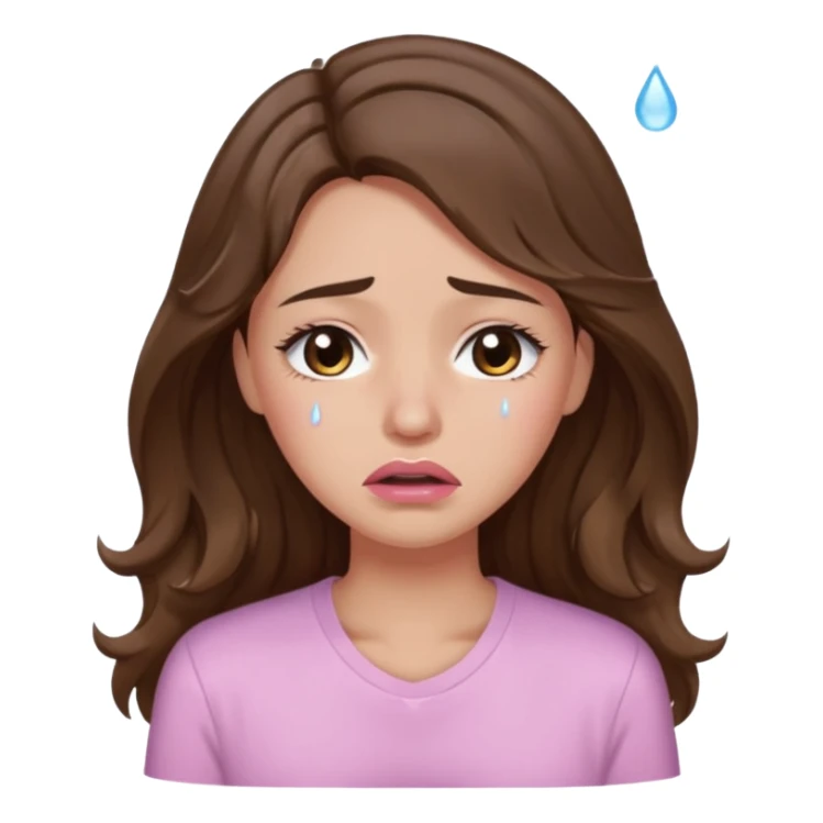 girl with wavy long brown hair, brown eyes, light to medium complexion, long lashes, light pink lipstick, wearing light pink shirt, crying big tears sticker