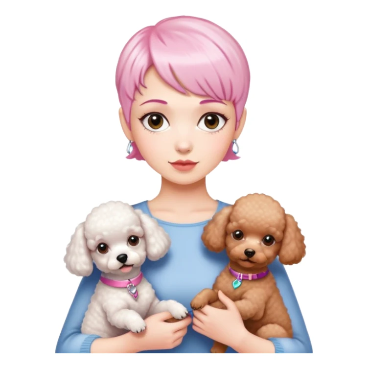 short pixie bangs platinated woman pink hair no bang，fair-skinned ,holding two poodles sticker