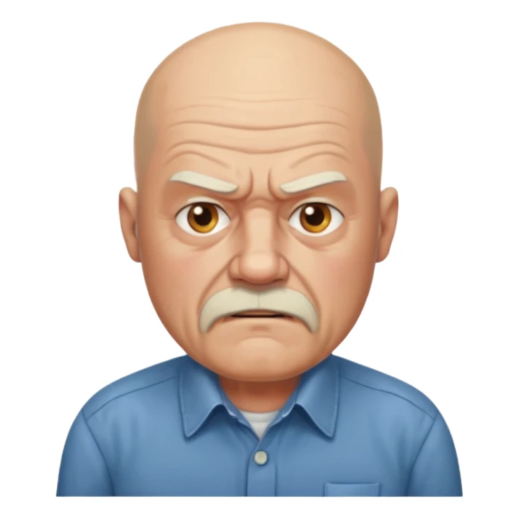 a portrait of angry elderly man, bald head, beard, wearing shirt sticker