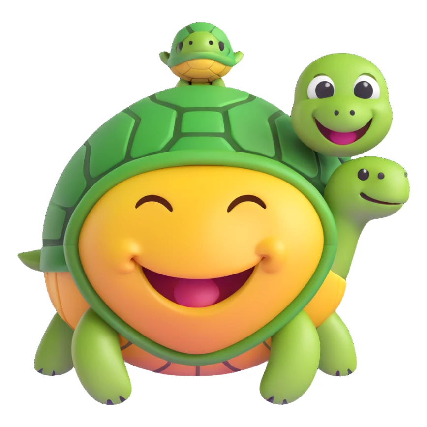 3D smiley emoji, round shape, lucky turtle, lucky face sticker