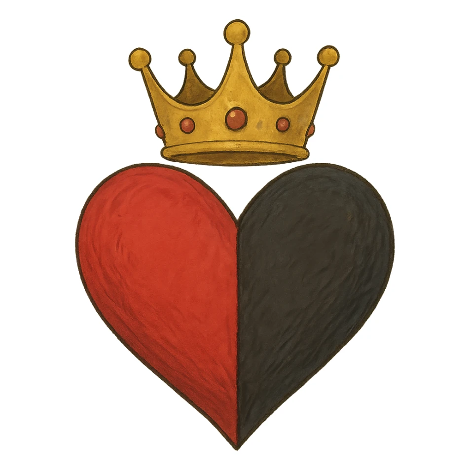 ghibli style heart 75% red and 25% black with a queen's crown on top sticker