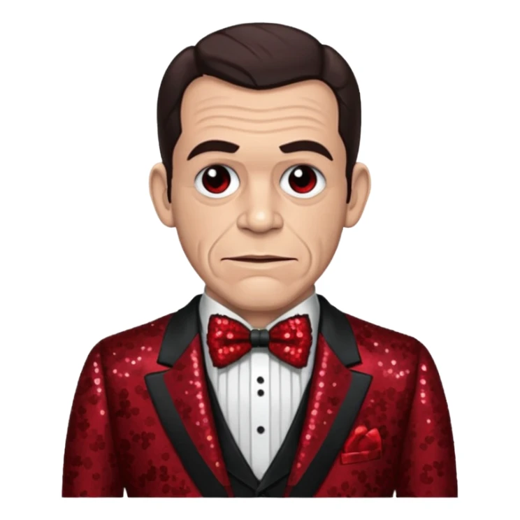 Lon Chaney Jr with dark brown hair, dark red sequin suit with bow tie sticker