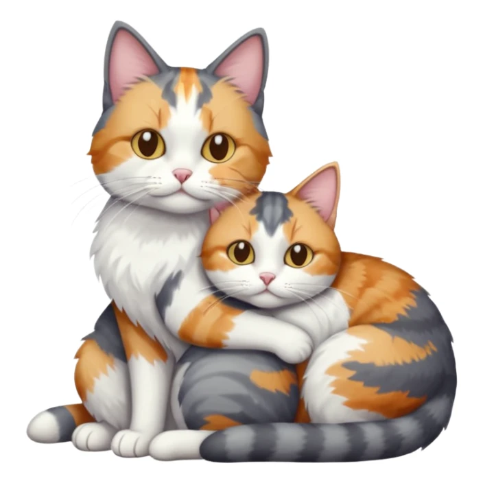 full body colourful light patched calico + white tabby cat cuddling a large grey and white cat  sticker
