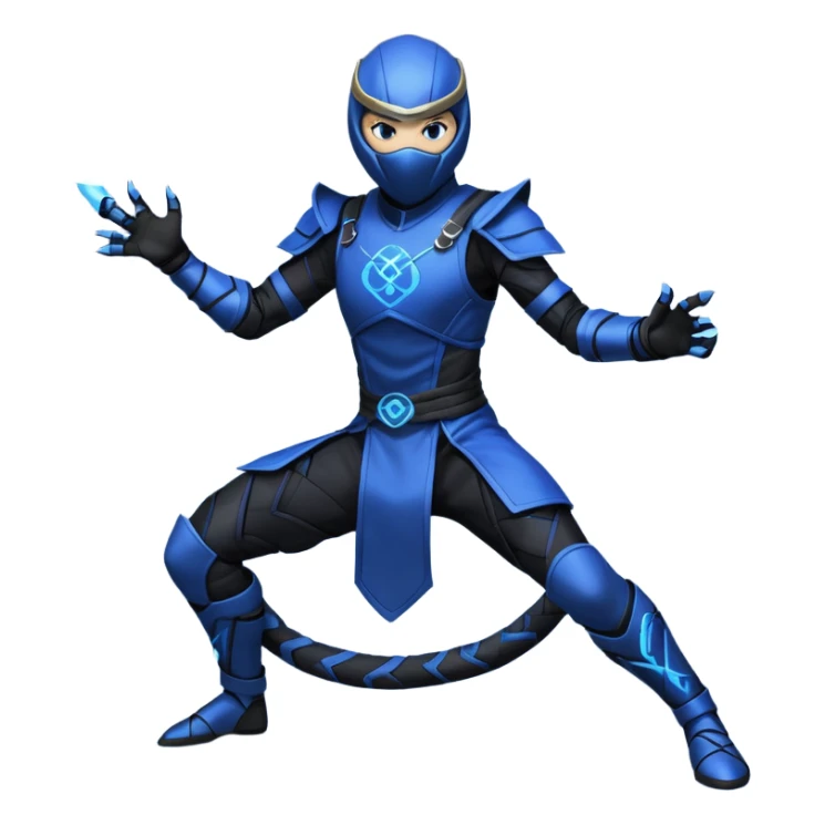 NIGHTCOIL: Dark flexible suit with electric-blue circuitry. Electrified whip crackling with energy. Lightweight armor, fingerless gloves, serpent insignia. Agile, playful, unpredictable. Mid-motion stance, whipping around enemies or structures. he is a ninja inspired by Mortal Kombat sticker