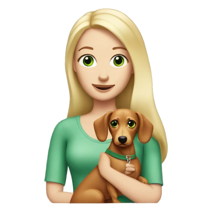 Blond woman with green eyes holding a wiener dog sticker