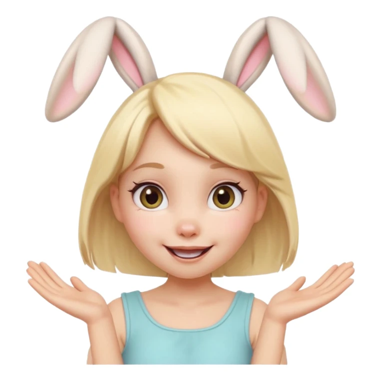 A playful blonde female cartoon character with wide, mischievous eyes, smiling, bunny ears accessory, dynamic pose suggesting movement, pastel colors, minimalistic and cute emoji style. sticker